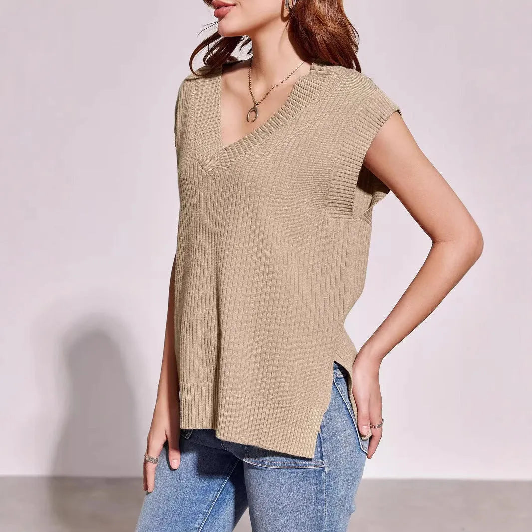 Camel coloured V-neck sleeveless pullover vest with striped pattern and loose fit