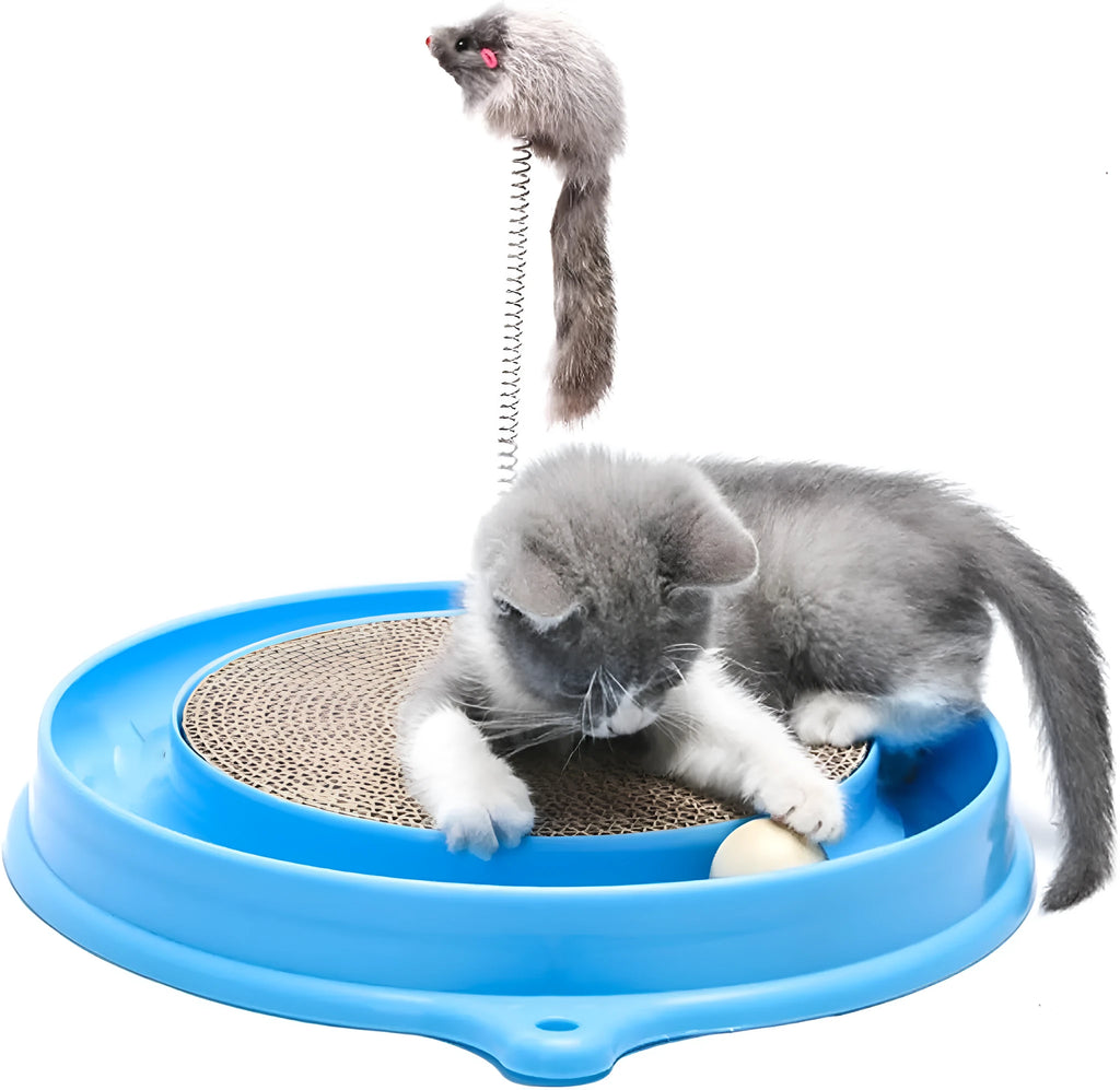 Blue cat scratcher toy with ball track, replaceable scratch pad, and mouse swatter accessory on white background