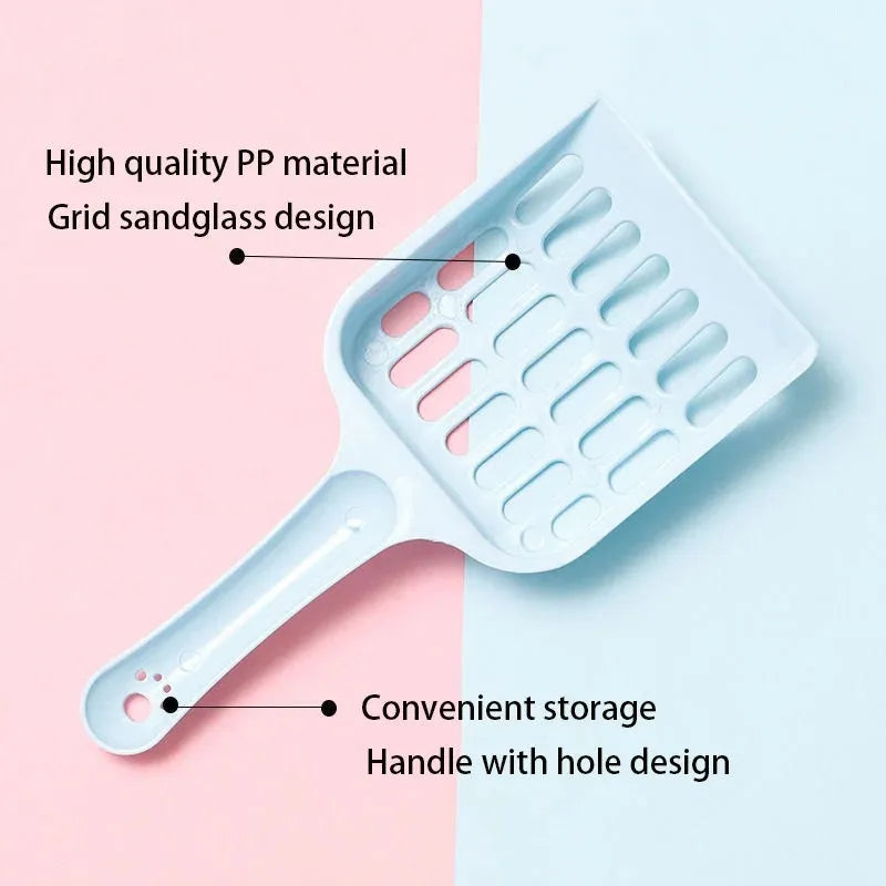 Plastic cat litter scoop in blue, green, or pink colours showing dimensions of 20cm length