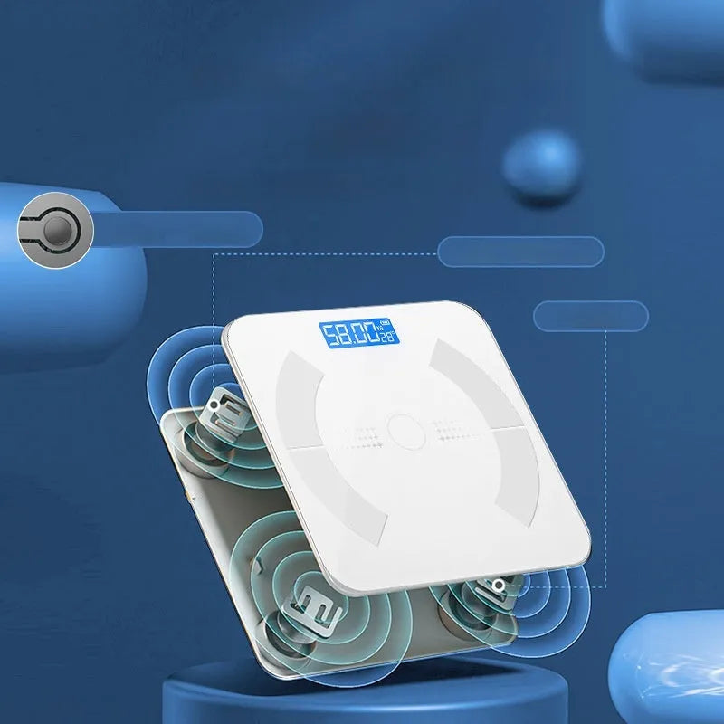 White smart Bluetooth body fat scale on bathroom floor showing digital display