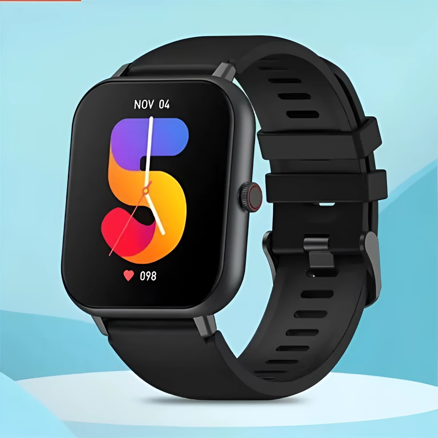 Bluetooth smart watch with heart rate monitor on wrist, shown in black, pink, silver grey, and khaki colour options.