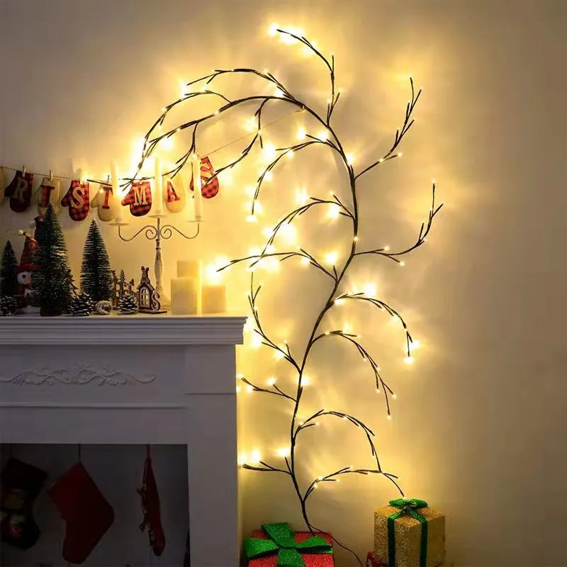 Flexible DIY willow vine LED garland lights with birch texture and 144 warm white bulbs