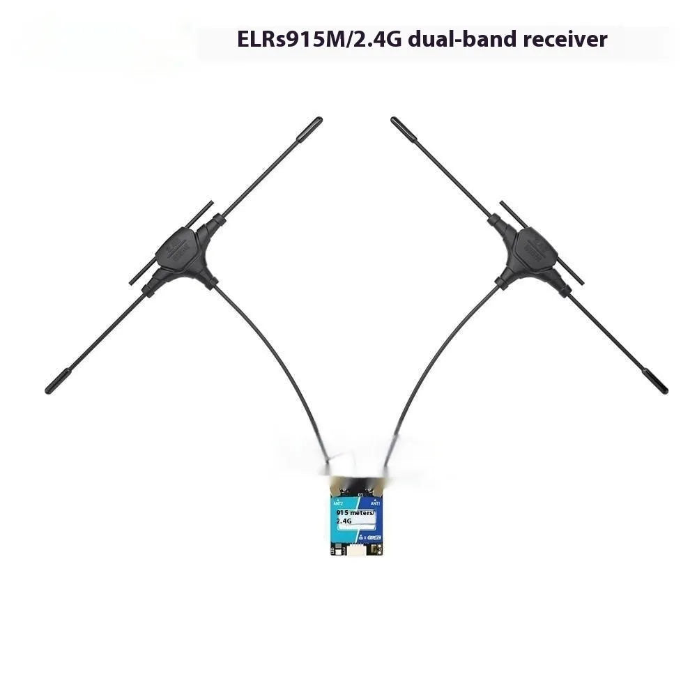 ELRS915M/2.4G dual-frequency FPV receiver module with two T-shaped antennas and installation accessories