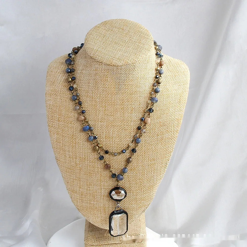 Two-layer tribal necklace with natural stone and glass pendant on adjustable chain