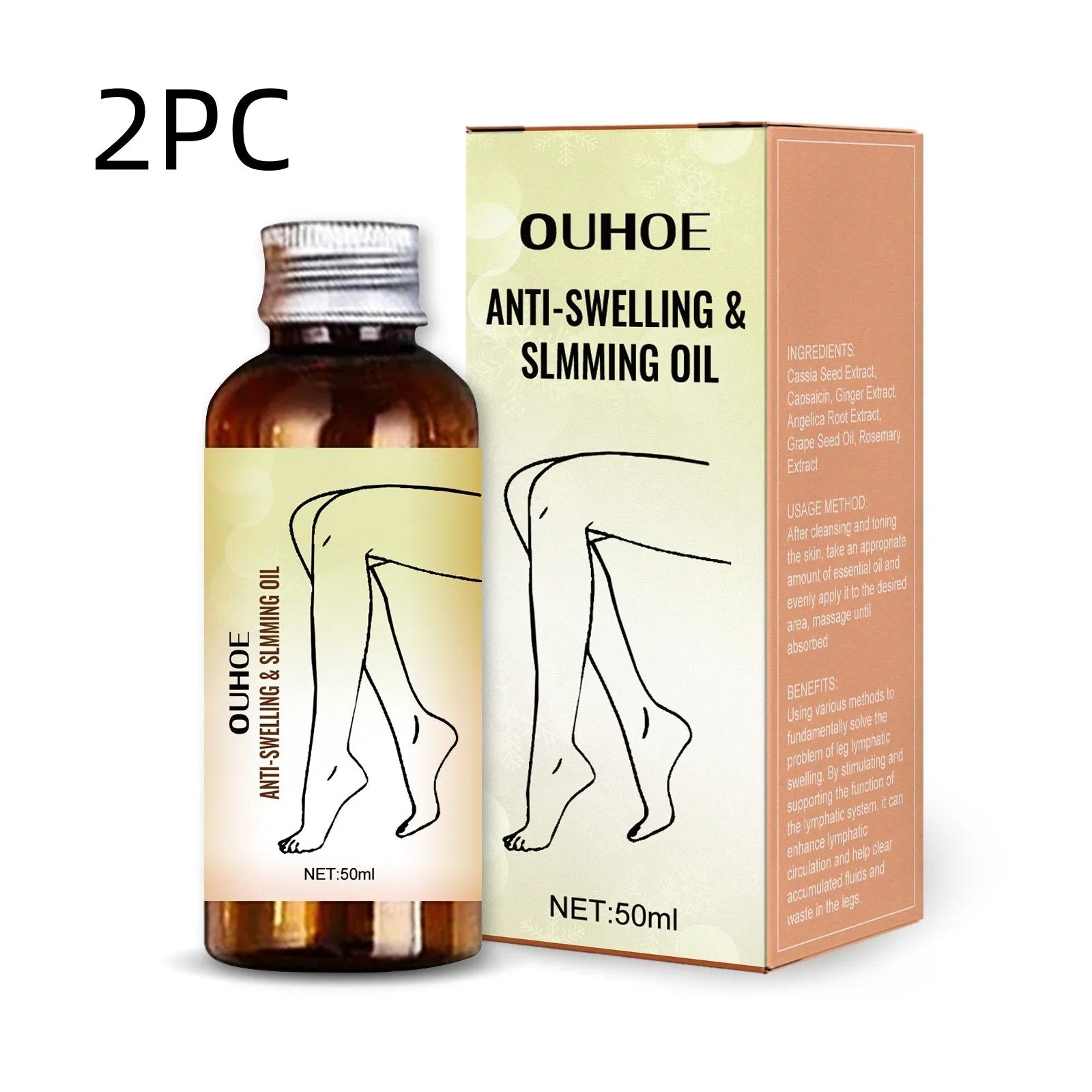 50ml bottle of botanical body moisturising oil with six extracts for skin care and leg massage