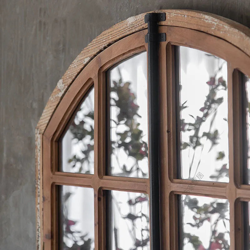 Terrace distressed fake window style wall mirror with log coloured wooden frame and glass