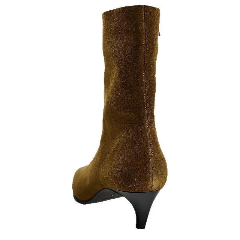 Brown square toe women's ankle boots with a side zip and a mid kitten heel on a waterproof platform sole.