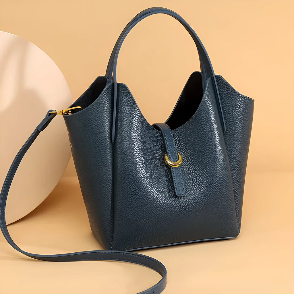 Genuine leather women's large capacity bucket bag in retro style with hand-held design