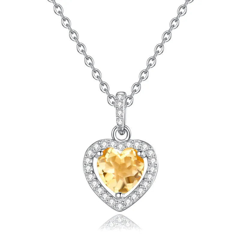 S925 sterling silver heart necklace with natural gemstone pendant on an adjustable cross chain.