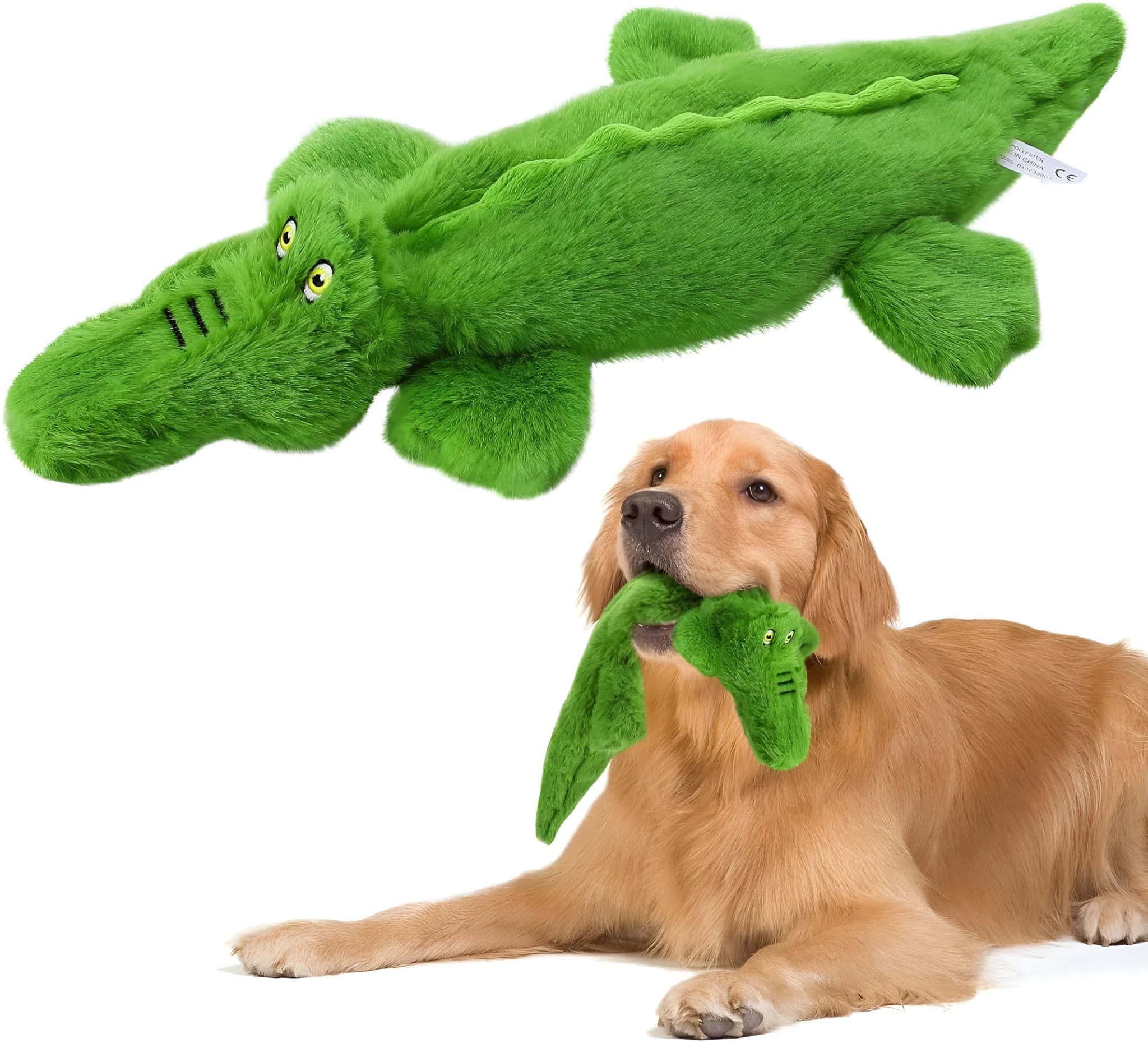 Green crocodile-shaped no-stuffing squeaky dog toy with crinkle paper tail