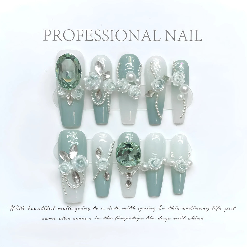 Plastic nail art armour suit with camellia gradient chain design and bow butterfly patterns