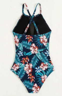 Women's deep V-neck one-piece swimsuit in a solid or gradient colour on a mannequin.