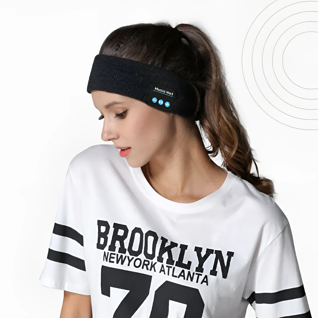 Bluetooth 5.4 sports headband with integrated eye mask and music scarf in black, dark grey, and grey-white colours