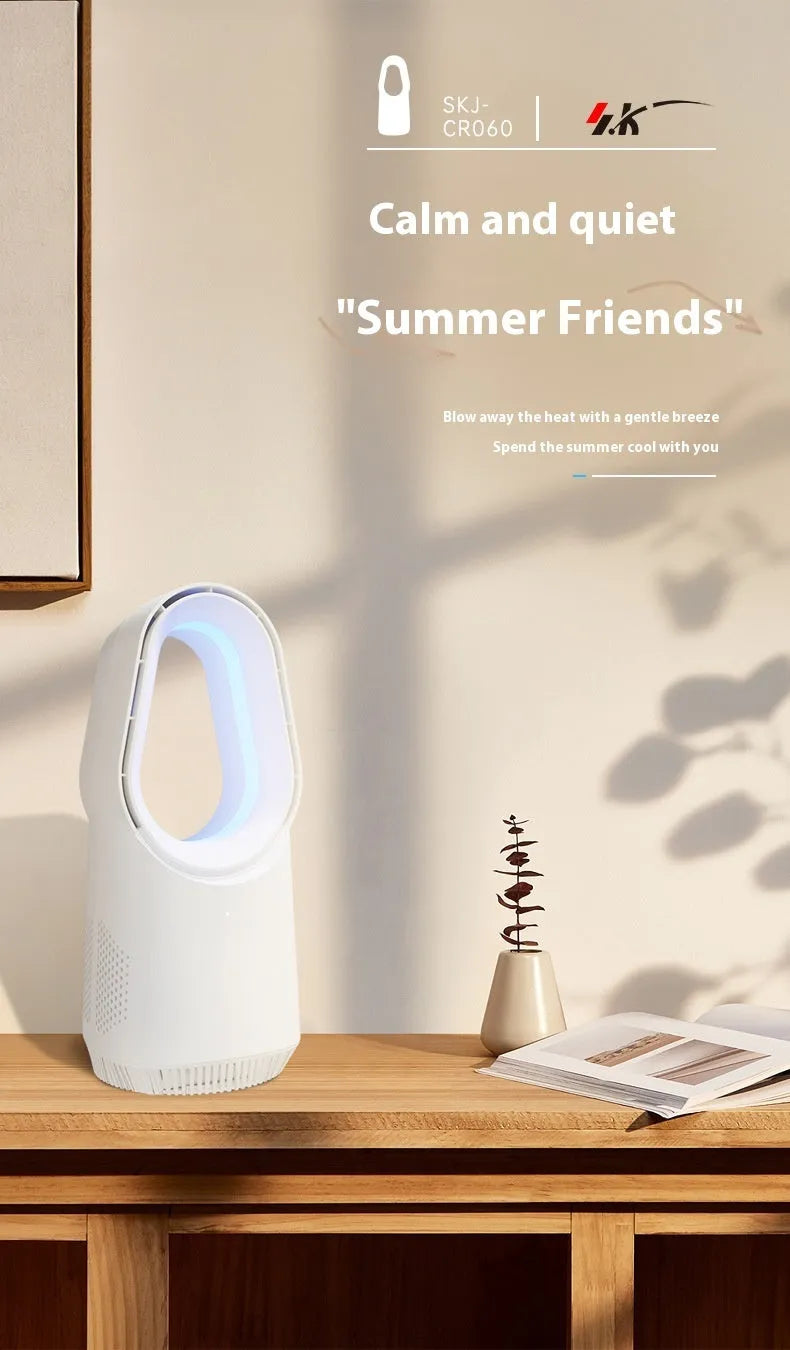 White SK bladeless tower floor fan with touch screen controls and remote