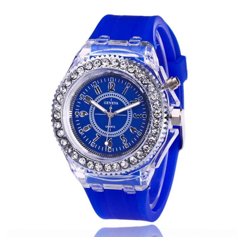 Women's LED luminous quartz watch with round 43mm alloy case and coloured silicone strap