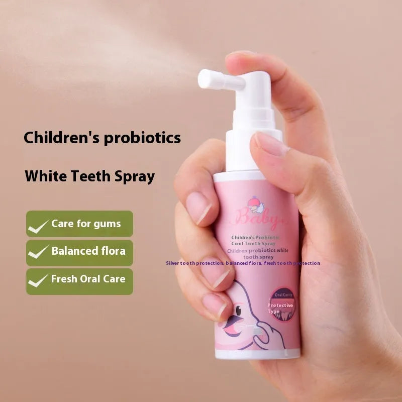 Children's probiotic white teeth cleaning spray in strawberry and orange flavours, 40ml bottle