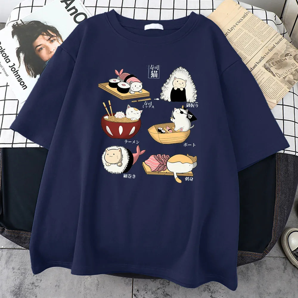 Men's black cotton T-shirt with white cat sushi cartoon print, short sleeves, loose fit