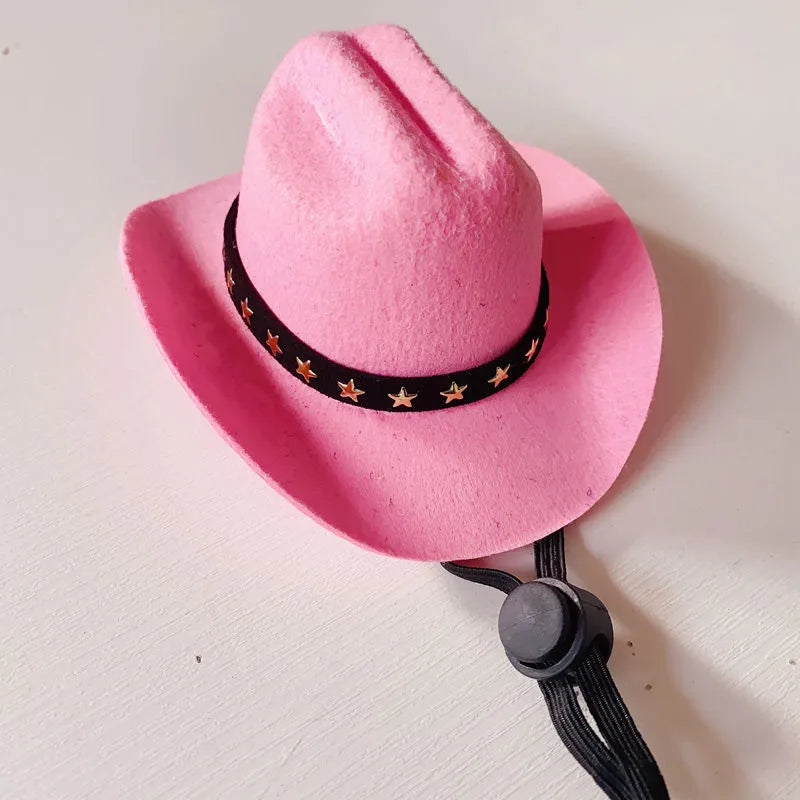 British cowboy-style hat for a cat on a mannequin head, showing brown colour with a black ribbon trim.