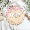 Square wooden baby photo prop ornament with a customised name for nursery decor.
