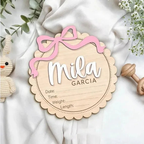 Square wooden baby photo prop ornament with a customised name for nursery decor.
