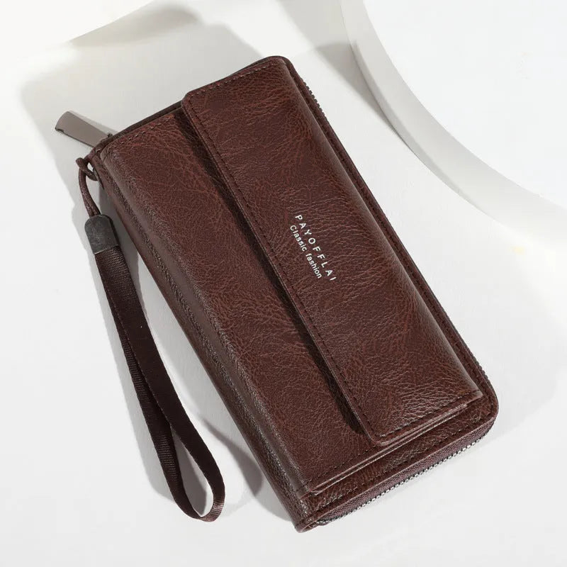 Men's black PU leather long wallet with multiple card slots, shown with dimensions.