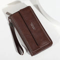 Men's black PU leather long wallet with multiple card slots, shown with dimensions.