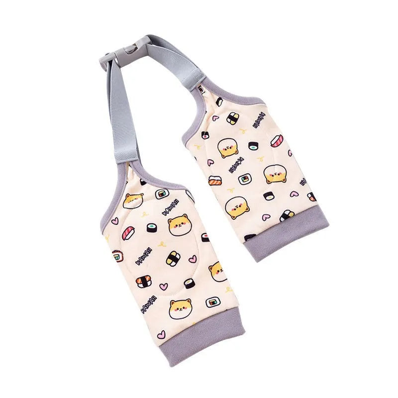 Blue dog knee protector wrap with thick elbow padding and adjustable plastic buckle, shown with coordinating scarf