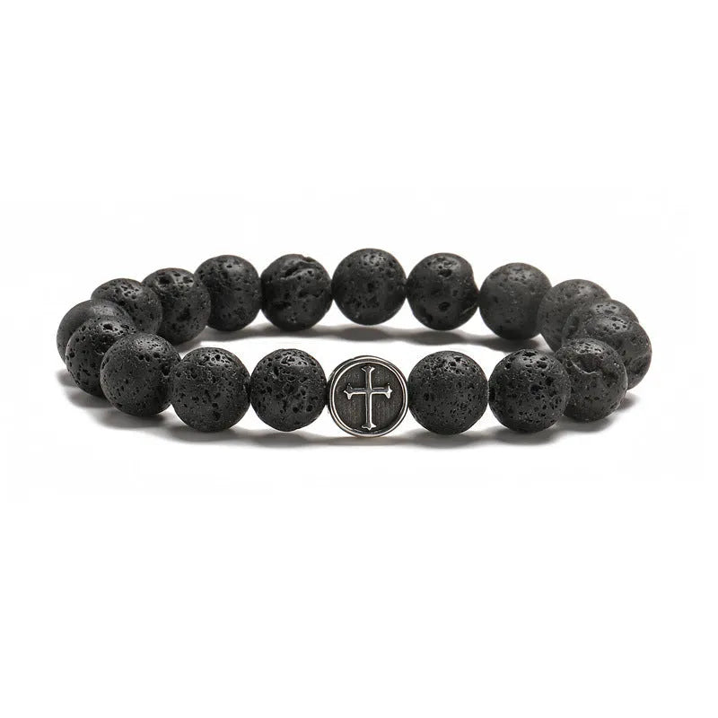 Men's stainless steel bracelet with a large 19mm geometric bead of Volcano-colour agate stone.