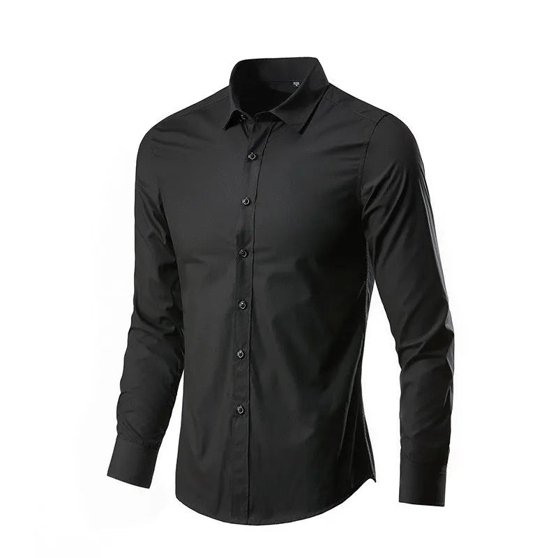 Man wearing a linen long sleeve slim fit shirt in a choice of 18 colours, showing the relaxed fit and sleeve detail.