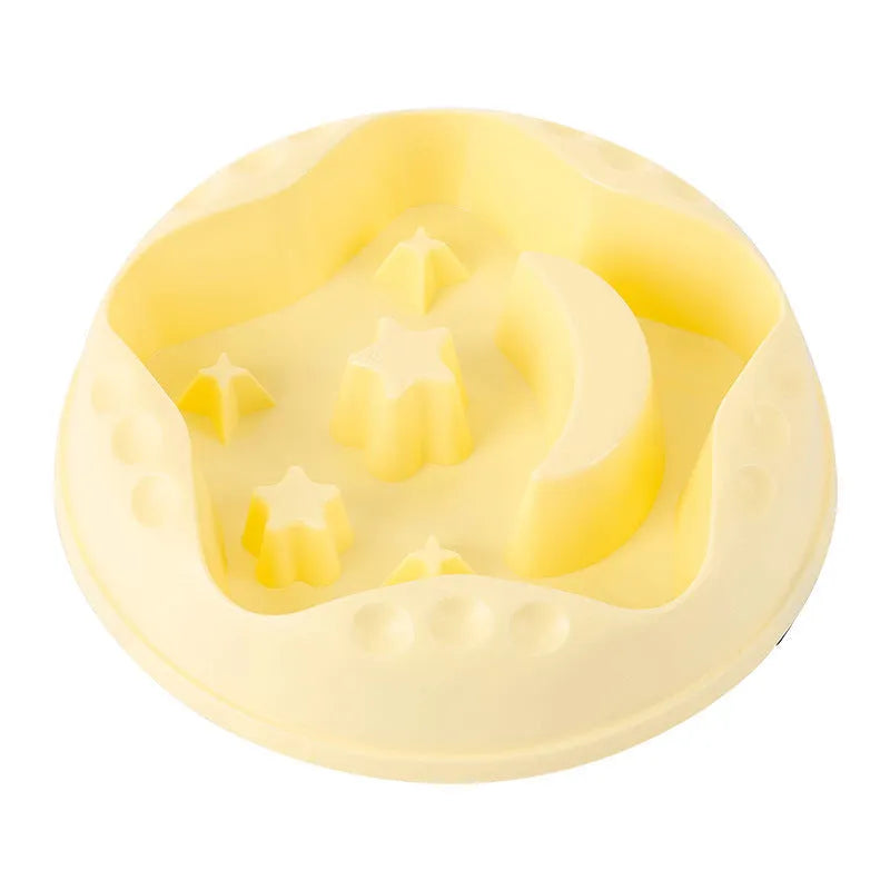 Moon Star Wings ceramic dog slow feeder bowl with raised centre ring and non-slip base in blue, grey, green, pink, or yellow.