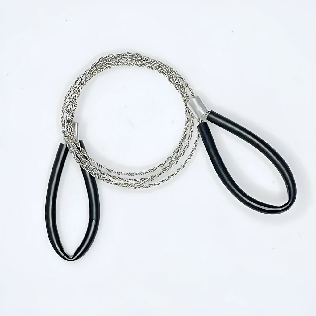 Black leather case containing stainless steel wire survival saw with red pull handles
