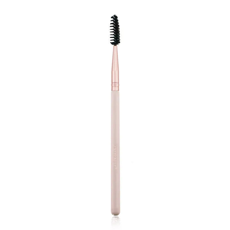 26 pink wooden handle makeup brushes arranged in a pink PU zip case.
