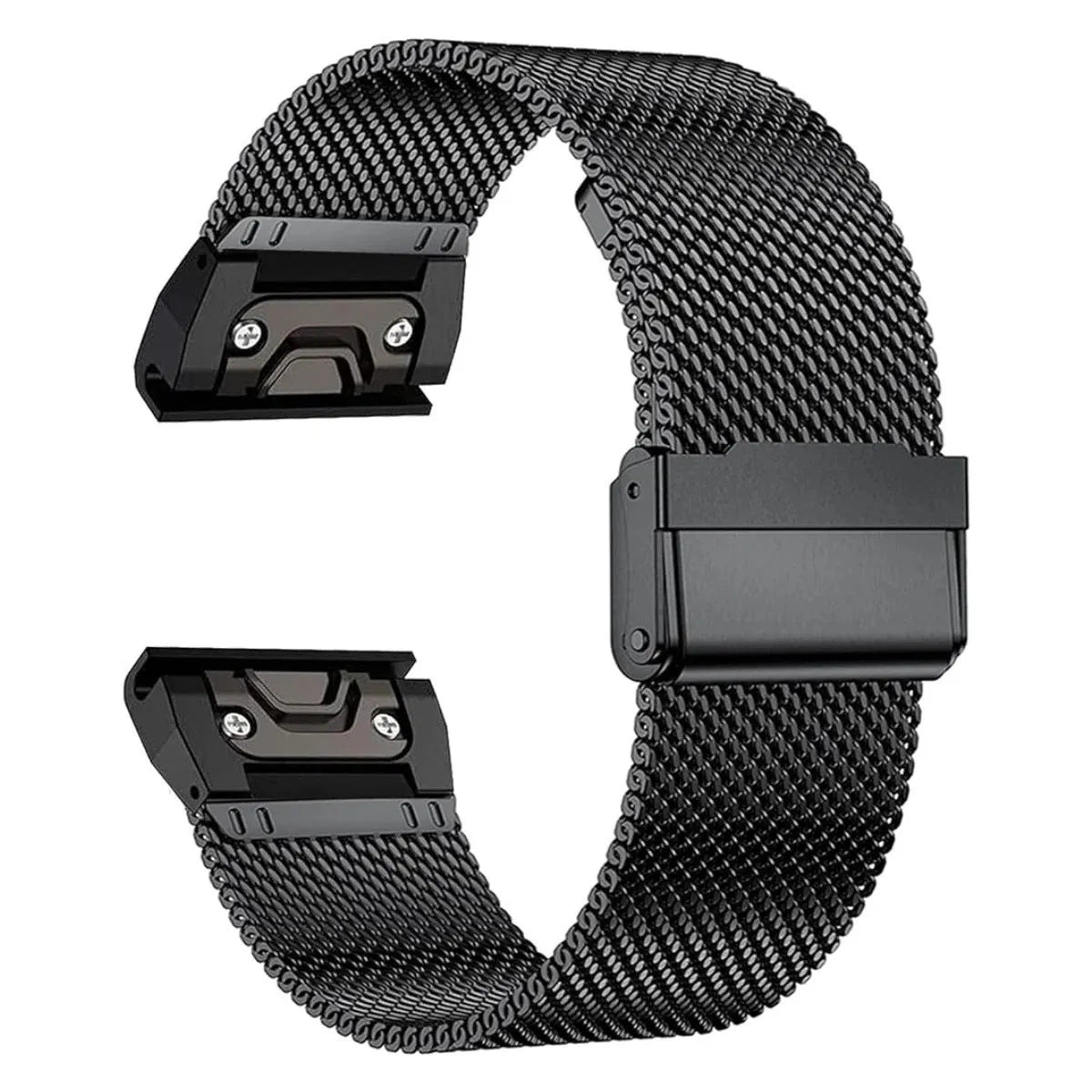 Silver stainless steel card-link watch strap for Garmin Fenix watches on a grey background.