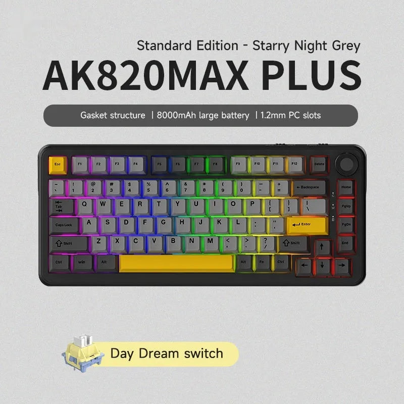 Three-mode mechanical keyboard in black, grey, or yellow with wireless connectivity and hot-swappable switches