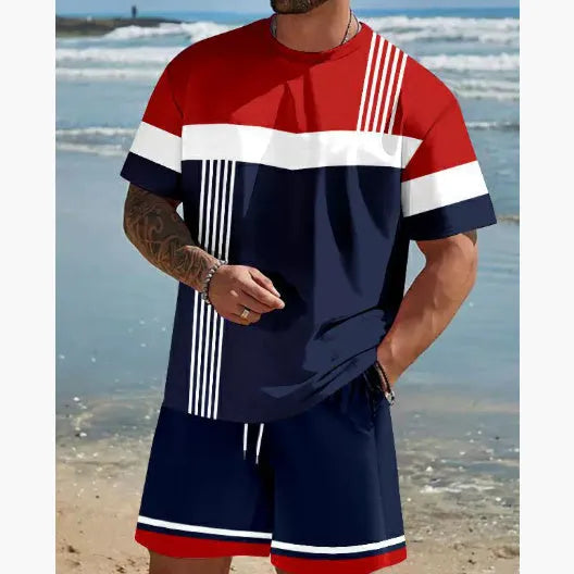 Men's loose-fit polyester summer set with short-sleeved T-shirt and matching shorts