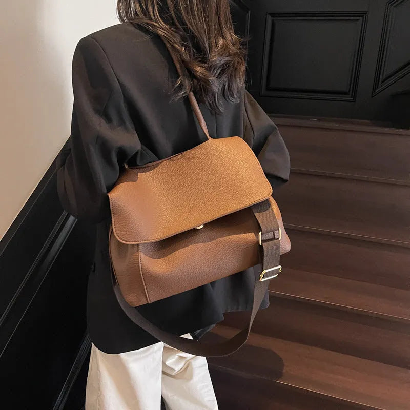 Horizontal square PU leather tote bag in vintage casual style with double shoulder straps.