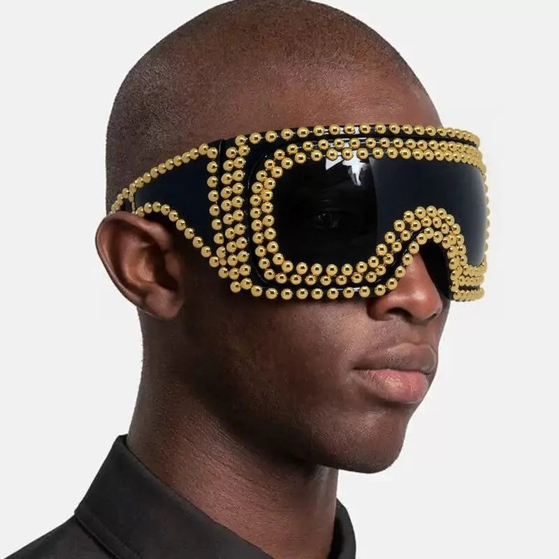 Men's punk-inspired large rim square sunglasses with visible rivet detailing in silver colour