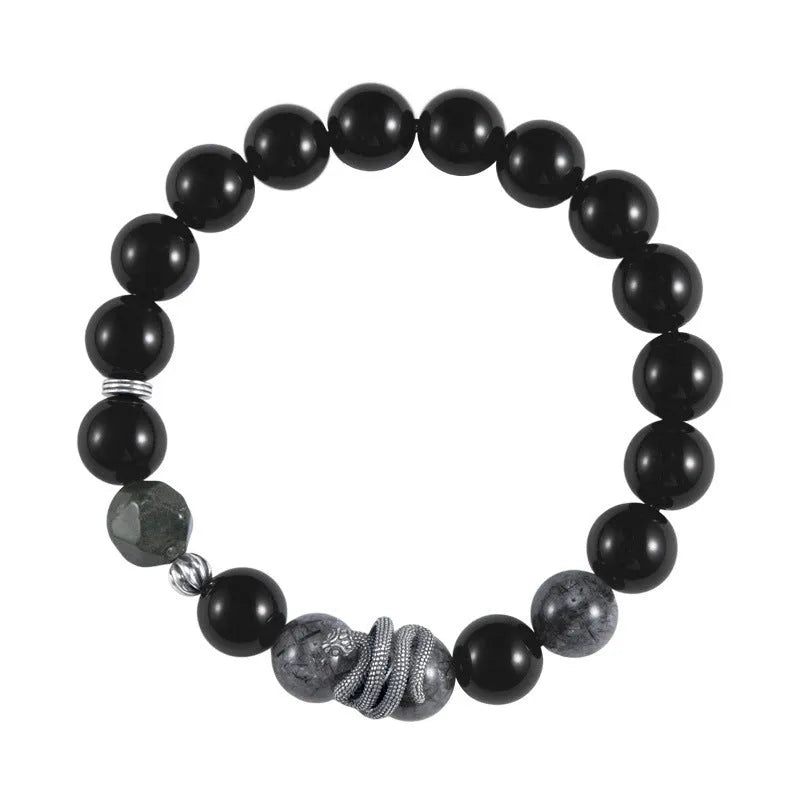 Men's retro snake bracelet in 925 sterling silver with 10mm obsidian black hair crystal