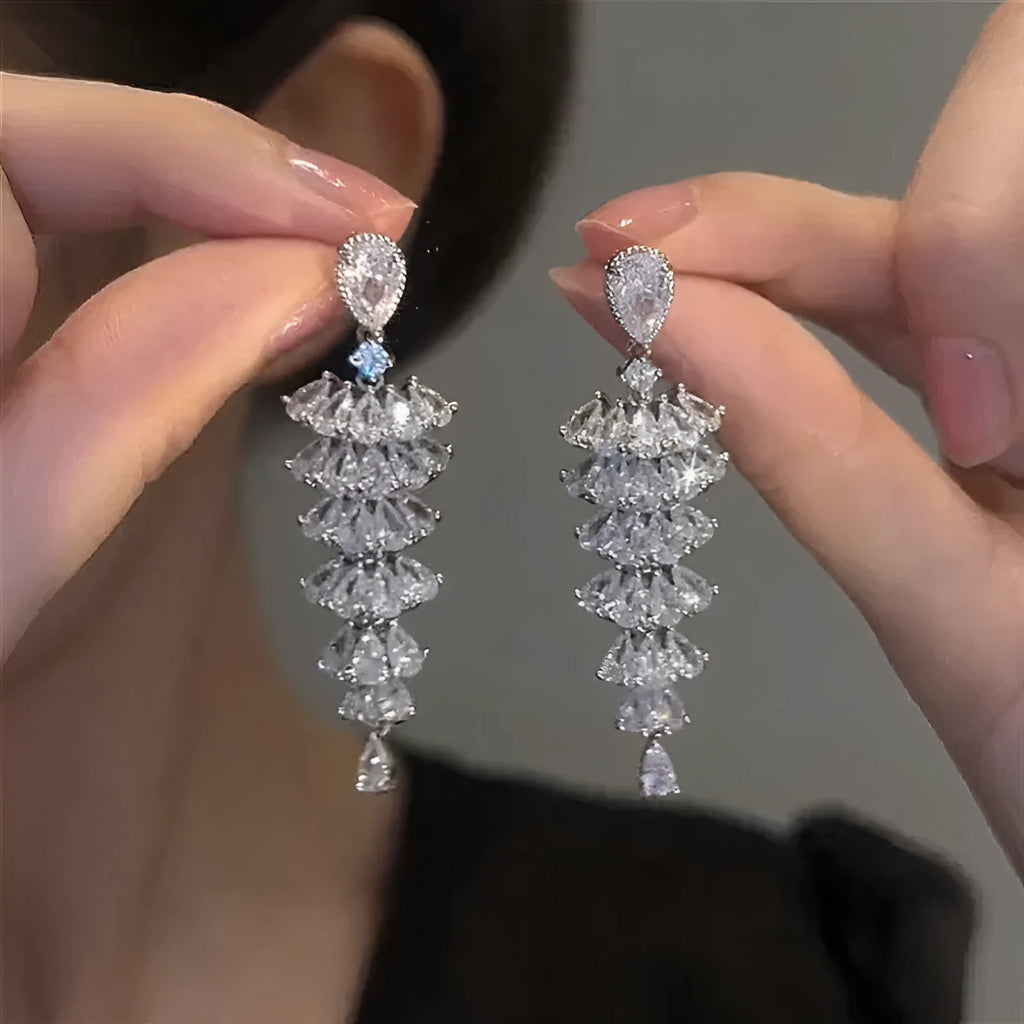 Silver pagoda Christmas tree drop earrings with sparkling zircon crystals on copper stud earrings