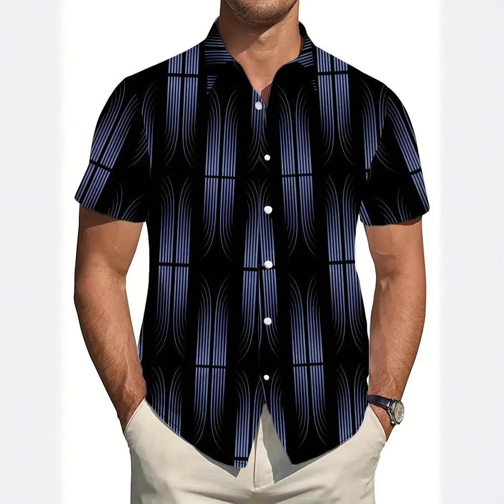 Men's geometric line print lapel short sleeve shirt in slim fit polyester
