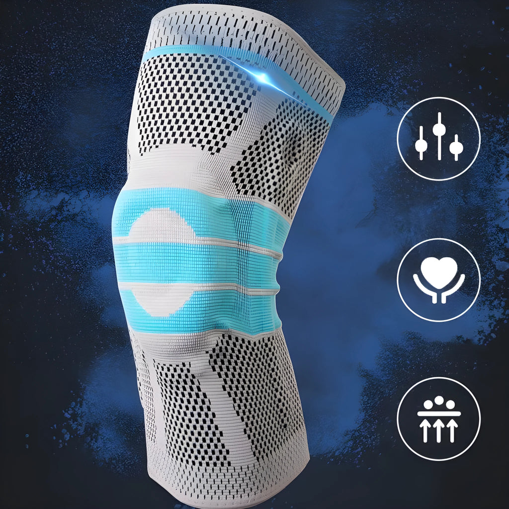Sky blue elastic fibre knee pads shown in sizes S, M, L, and XL for sports.