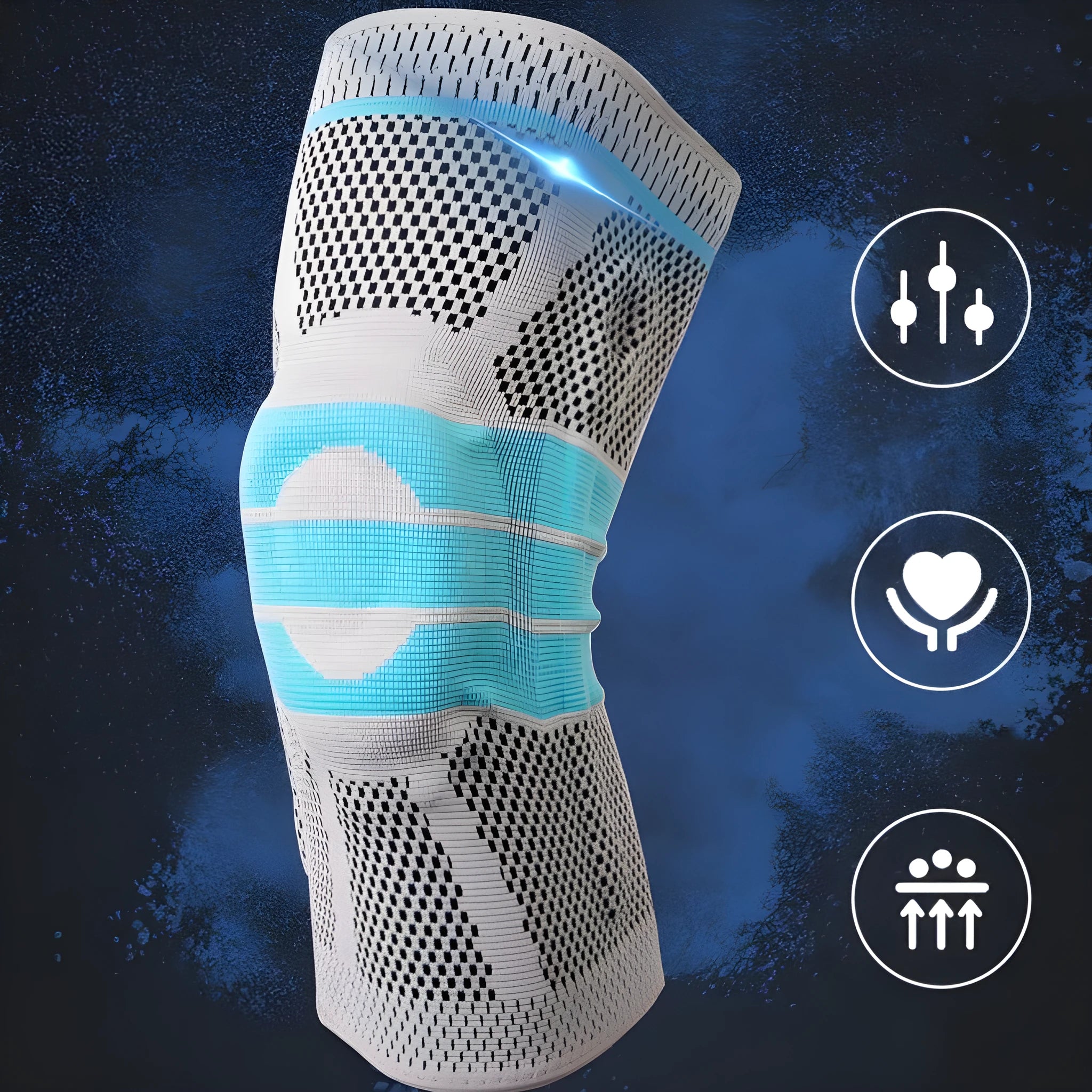 Sky blue elastic fibre knee pads shown in sizes S, M, L, and XL for sports.