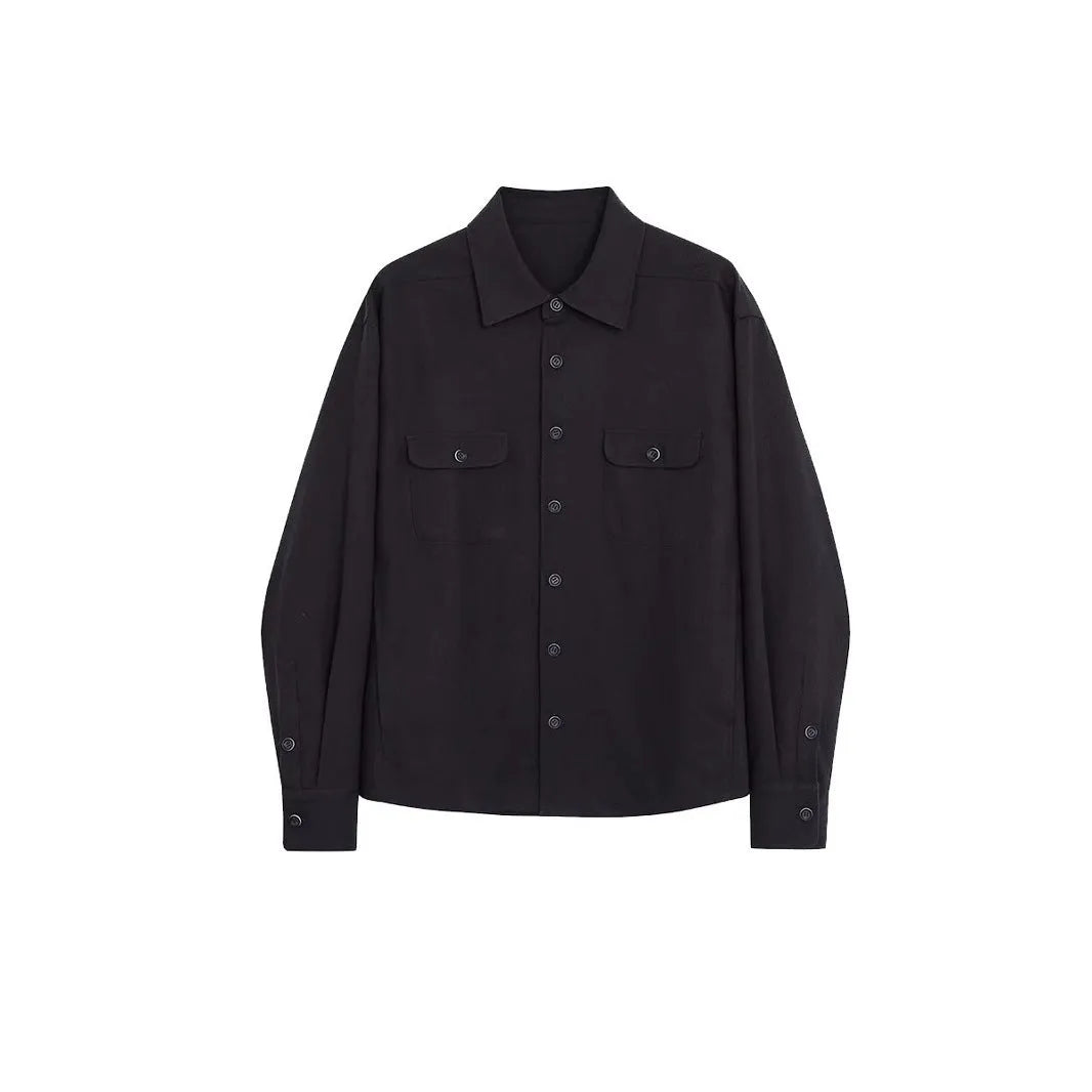 Men's light sand rice coloured long sleeve shirt with a lapel collar, laid flat to show front design.