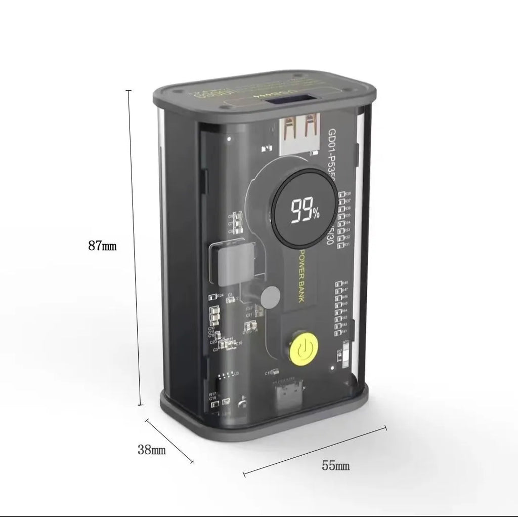 Transparent yellow industrial power bank showing internal aluminium battery case with 10000mAh capacity