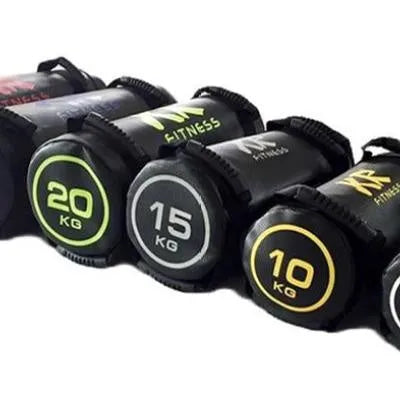 White PVC fitness training sandbag for weight lifting in various kg options.
