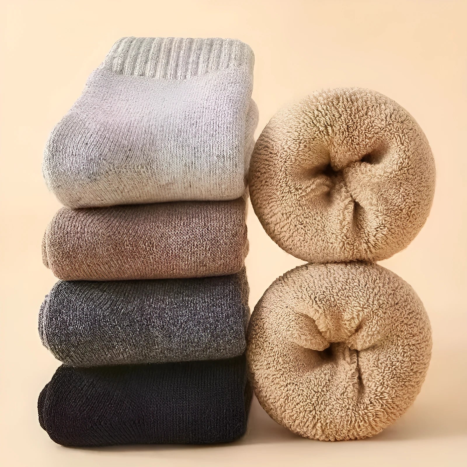 Pair of thick solid-colour wool socks with a merino midsole, shown with a storage box.