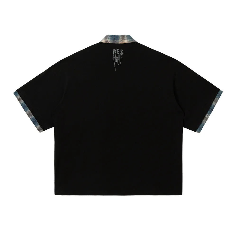 Men's loose blue cotton top with asymmetric design and graffiti print on the lapel.