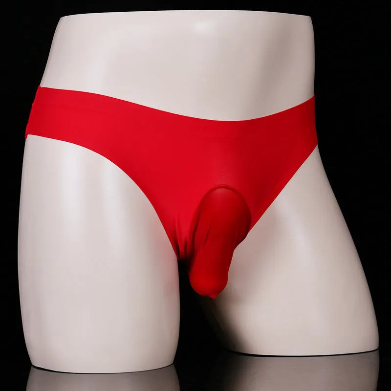 Men's black ice silk underwear briefs showing the ultra-thin fabric and low-waist T-back design