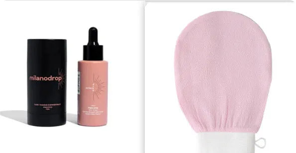 Matte Sun Tanning Black Liquid set showing 50ml tanning drops bottle and 75ml tanning flash cream tube.