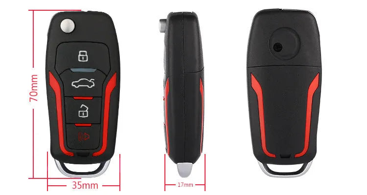 One-way car alarm system with red and frosted black casing, includes two remote controls for 3000 metre vehicle security
